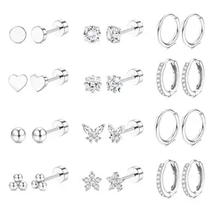Shining Diva Fashion 12 Pairs Combo Set Latest Stylish Anti Tarnish Earrings for Women Men Girls (16843er) (Silver)
