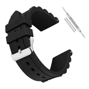 LineOn 24mm Soft Silicone Rubber Watch Strap (Black) Compatible With Fossil Watch and Other watches with Tools and Pins (Include)