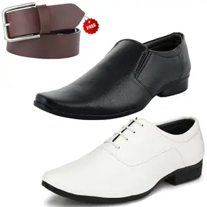 Unique Formal Shoes/Party Shoes/ 2 Shoes Combo with Free Belt for Men and Boys (BAZAAR9141_VTR006-Wht-2003-Blk) Multicolor
