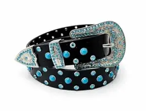 Craft By Universal Men’s Western Style Black Leather Belt with Turquoise Stone Studded Buckle | Designer Cowboy Fashion Belt for Jeans & Casual Wear