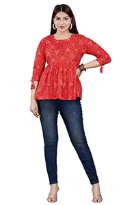 Highlight Fashion Export Women Casual Red Rayon Tie-Up Regular Sleeves None Bandhani Print Hip Length Regular Top_Size (L)