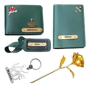 Vorak Ahimsa Ahimsa Vegan Leather Customized Valentine’s Day Gift Combo for Men’s | Personalized Wallet, Luggage Tag, and Many More with Name & Charm Combo | Gift Combo for Man (Green)