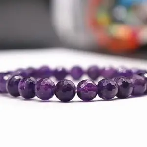 LKBEADS Natural Amethyst 8mm Round Shape Faceted Cut Beads 65 inch Stretchable Bracelet for Men & Women|STBR_RR_00400_65