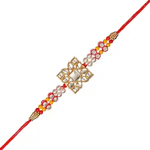 eCraftIndia Set of 2 Beads, Pearls, Diamond Designer Rakhis with Red Thread, and Roli Chawal Pack - Rakhis for Brothers