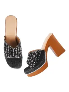 SELFIEE Versatile Block Heel Sandal Embellished Rhinestones & Denim Platform Party Heels For Womens & Girls