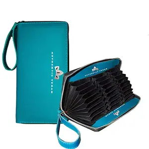 VEGAN Leather Teal RFID Protected Metallic Zipper 27 Card Slots Bank||Debit||Credit||ATM||Identity and Smart Card Holder Wallet for Women