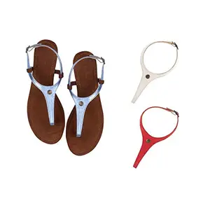 Cameleo -changes with You! Women's Plural T-Strap Slingback Flat Sandals | 3-in-1 Interchangeable Leather Strap Set | Silver-White-Red