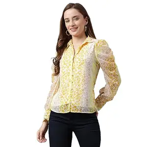 Latin Quarters Women's Casual Tie-Dye Print Full Sleeve Regular Fit Shirt_Yellow_L