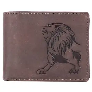 Breaking Threads Genuine Leather Tri -Fold Wallet for Men Coffee Brown | Lion Print | Hunter Leather | Outside Pocket | 6 Card Slots | RFID Card Holder