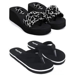 Skytrap Black Nubuck Tiger Print Light Weight Stylish, Trending & Comfortable Ortho Heel Slippers Flipflop for Women and Girls Combo of 2 (Black, 6)