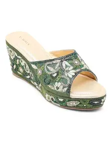 V-WALK Women's Elegant & Embroidered Backopen Platform Heels Sandals | Ethnic, Festive Occasions, Shopping, Outdoor Heel Sandals for Women | Heel Height: 3.5 Inches | Green