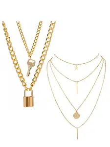 Vembley Pack of 2 Lavish Gold Plated Layered Star Coin Line & Key Lock Pendants Necklace For Women and Girls