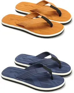 Footexo Men's Slippers Combo– Soft Plush Lining & Durable EVA Sole Material – For Indoor/Outdoor Use | Color TAN & BLUE | Size : 7