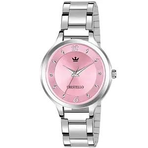 CRESTELLO Stainless Steel Chain Analog Wrist Watch for Women (Pink Dial) | CR-L136-PNK