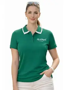 JUNEBERRY® Women’s Regular Fit Lycra Polo T-Shirt with V- Neck Buttoned Placket, Classic Collar, and Contrast Trim, Soft Fabric for All-Day Comfort (Sizes S to 2XL)