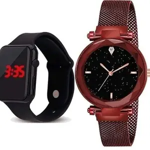 LAKSH Design Magnetic Strap Analogue Watch and Rubber Strap Digital Watch Free for Girls(SR-737) AT-7371(Pack of-2)