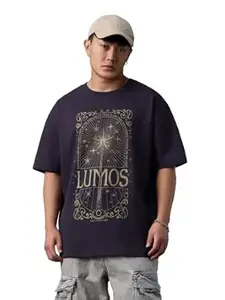 The Souled Store Harry Potter: Lumos Men and Boys Short Sleeves Round Neck Dark Purple Graphic Printed Spell Casual Drop Shoulder Trendy Funky Cotton Oversized T-Shirt