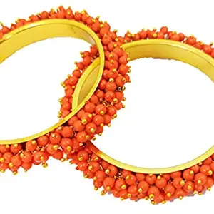 RIJOLI ewellery Traditional Pearl Studded Gold Plated Bangles for Women and Girls Pack of 2 (ORANGE, 2.6)