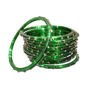 Green Glass Bangles for Women & Girls | Size 2.2, 2.4, 2.6, 2.8 | 12 Pcs Fancy Designer Set | Festival, Wedding & Party Use (2-8)
