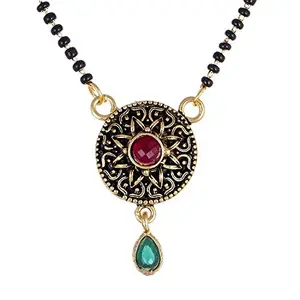 KENNICE Mangalsutra Round Red CZ Gold-Plated Pendant Tanmaniya Nallapusalu With Black Bead For Women
