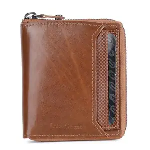 LOUIS STITCH Spanish Leather Bifold Zipper Wallet Purse for Men | RFID Protected Purse with 5 Card Slots, 1 Cash Compartment and 1 Transparent Card Holder, Genuine Leather, Tan (LSWL-11-ZLCLTN)