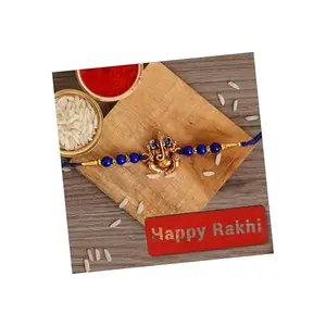 eCraftIndia Blue Pearl & Golden Lord Ganesha Rakhi for Brother with Happy Rakhi Wooden Cutout and Roli Chawal Pack