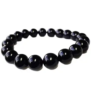 Lady Works Natural Black Agate Onyx 10mm Round Shape Smooth Cut Beads 6.5 Inch Stretchable Bracelet For Men & Women. Unisex Bracelet For Healing, Meditation, Prosperity, Gift & Luck|LW_BRST_01212_6.5