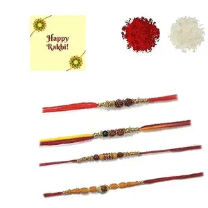 DMS RETAIL Set Of 4 Rudraksh Rakhi Combo For Brother |Elegant Rakhi Combo For Bhaiya Bhabhi Kids Rakhi With Roli Chawal And Greetings Card (RudrakshCombo5-S4)