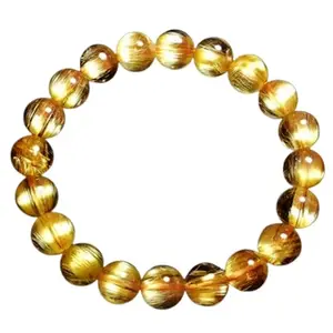 RRJEWELZ Natural Golden Rutilated Quartz 10mm Round Shape Smooth Cut Beads 7 Inch Stretchable Bracelet For Men & Women. Unisex Bracelet For Healing, Meditation, Prosperity, Gift & Luck|STBR_RR_03471_7.0