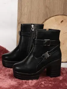 STRASSE PARIS Women's Round Toe Ankle Boots Buckle Zipper Chunky Block Heel Boots for Women