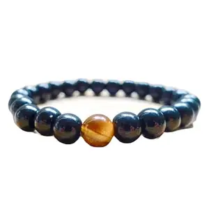 Lady Works Natural Black Agate With Tigers Eye 8mm Round Shape Smooth Cut Beads 8 Inch Stretchable Bracelet For Men & Women. Unisex Bracelet For Healing, Meditation, Prosperity & Luck|LW_BRST_01214_8.0