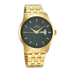 HMT FASHION Round Big Size Dial Golden Triple Fold Clasp Chain Watc h for Men, Gold Tone Watches (Black Dial)