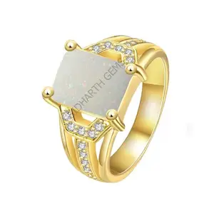 SIDHARTH GEMS 7.25 ratti 6.25 carat White Rashi Ratan Fire Opal Loose Gemstone Gold Plated Adjustable Ring for Men and Women