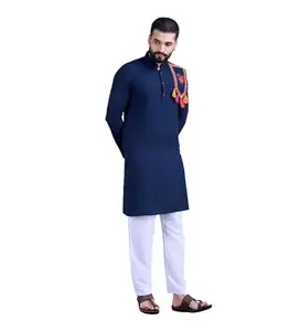 Men's Rayon Mirror Embroidery Mandarin Collar Kurta (Nevy Blue, 2XL)-PID59982
