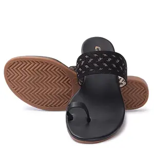 KKF Footwear Women's Kolhapuri Fashionable Design Flat Sandals, Slipper Chappals for Party (Black)