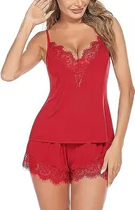 LUVREENA Satin Pajamas Set Womens Lace Sleepwear Sexy Lingerie Cami Shorts Set S-XXL (Small, Red)
