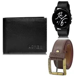 LOREM Mens Combo of Watch with Artificial Leather Wallet & Belt FZ-LR61-WL15-BL02
