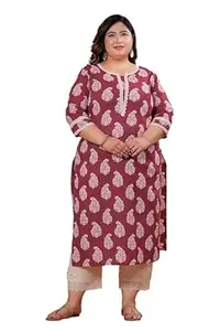 WILSHIRE Women Pure Cotton Kantha Plus Size Straight Kurta with Lace Work & Discharge Print, Round Neck, 47 Inch Length Ethnic Casual Wear Kurti