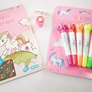 IDYLLIC IDYLLIC Cute Unicorn Scratch Paper Note Book/Unicorn Cute Pop Up 6 Roller Markers/Unicorn Design Stamp/Designer Washy Tape (Multi Color Pack of 4)
