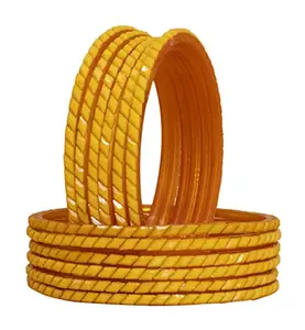 The Golden Cascade Haldi Color Cutting Design Glass Bangles/Kanch Chudi Set for Women & Girl/Audi (Haldi, Medium 2-6)