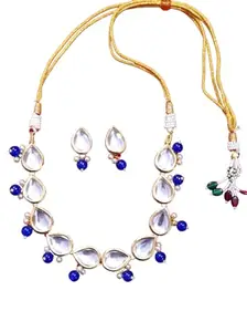 A V FASHION - Traditional Style Gold Plated Kundan & Beads Choker Necklace Set With Earring Jewellery Set For Women Blue Colour (Same as shown in iamge)