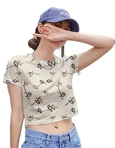 Istyle Can All Over Printed Round Neck Short Sleeve Womens Crop T Shirt | Crop Top | Women's Crop Tops, Girls Stylish top, Crops for Women Stylish (X-Small, Owl)