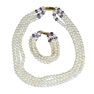gemsindia Genuine 6-8mm Freshwater Cultured Pearl & Amethyst 3 Strand Necklace Bracelet Set