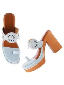 TRYME Trendy Block Heel Sandal Embellished Stones & Denim Platform Party Heels For Womens & Girls