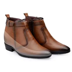 Baxxico Men's 3.5 Inch Elevator Height Increasing Tan Faux Leather Material Formal Slip-on Chelsea Buckle Shoes-6UK[BAXB1002-Tan]