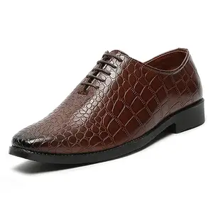 MUTAQINOTI Men's Brown Luxury Leather Shoe with Laces Textured Derby British Style Formal Shoes Officewear Slipons for Men (Size-11 UK) (TXSN)