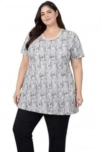 In Love Women's Cotton Plus Size Half Sleeves Semi Long All Over Printed Tshirt for Summers with One Side Pocket for Ladies L to 7XL