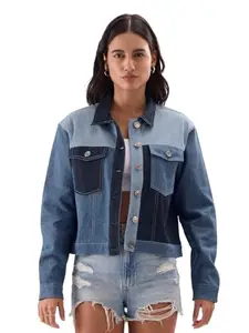 The Souled Store Denims: Shades of Blue (Colourblock) - Women & Girls Long Sleeve Button Down Collared Denim Jackets - Outerwear - Lightweight, Stylish, Fashionable, Casual, Trendy, Classic Jacket