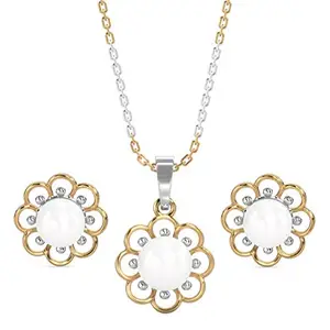 CLARA 925 Sterling Silver Pearl Lotus Pendant Earring Chain Jewellery Set | Gold Rhodium Plated | Gift for Women & Girls