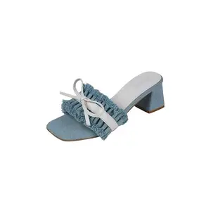 Mochi Women's Light Blue Denim Block Heel Slides with Ruffle & Bow UK/7 EU/40 (40-356)